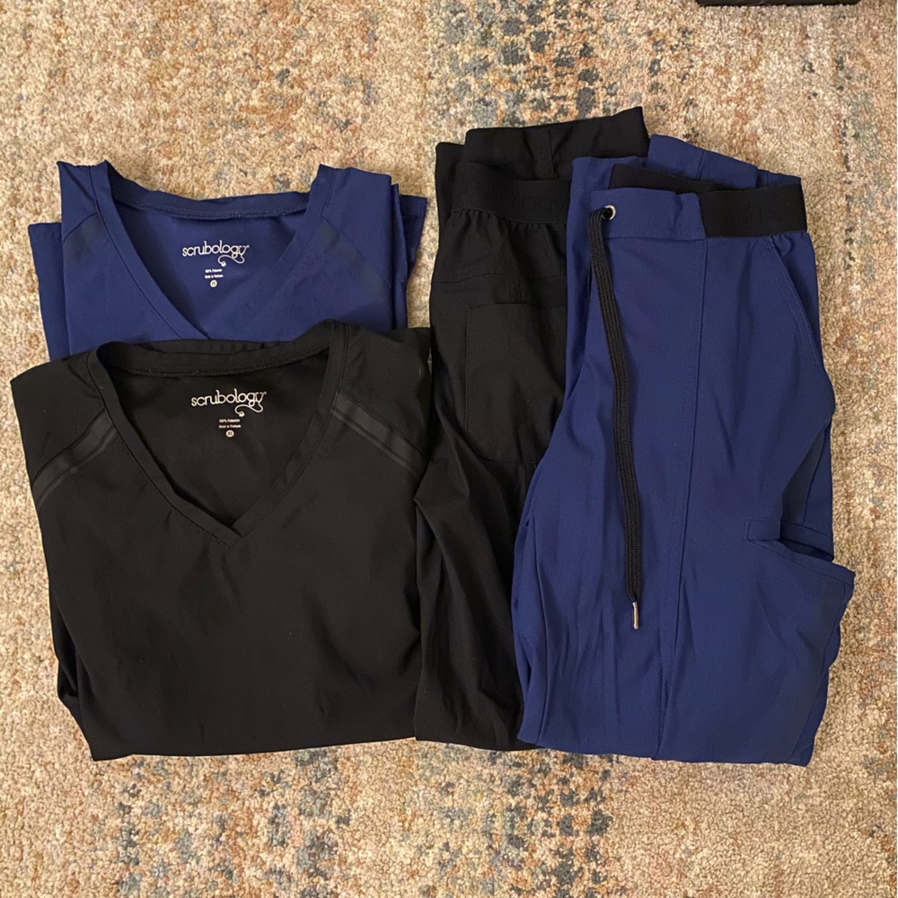 Scrubology scrub sets, top and bottoms in navy and black